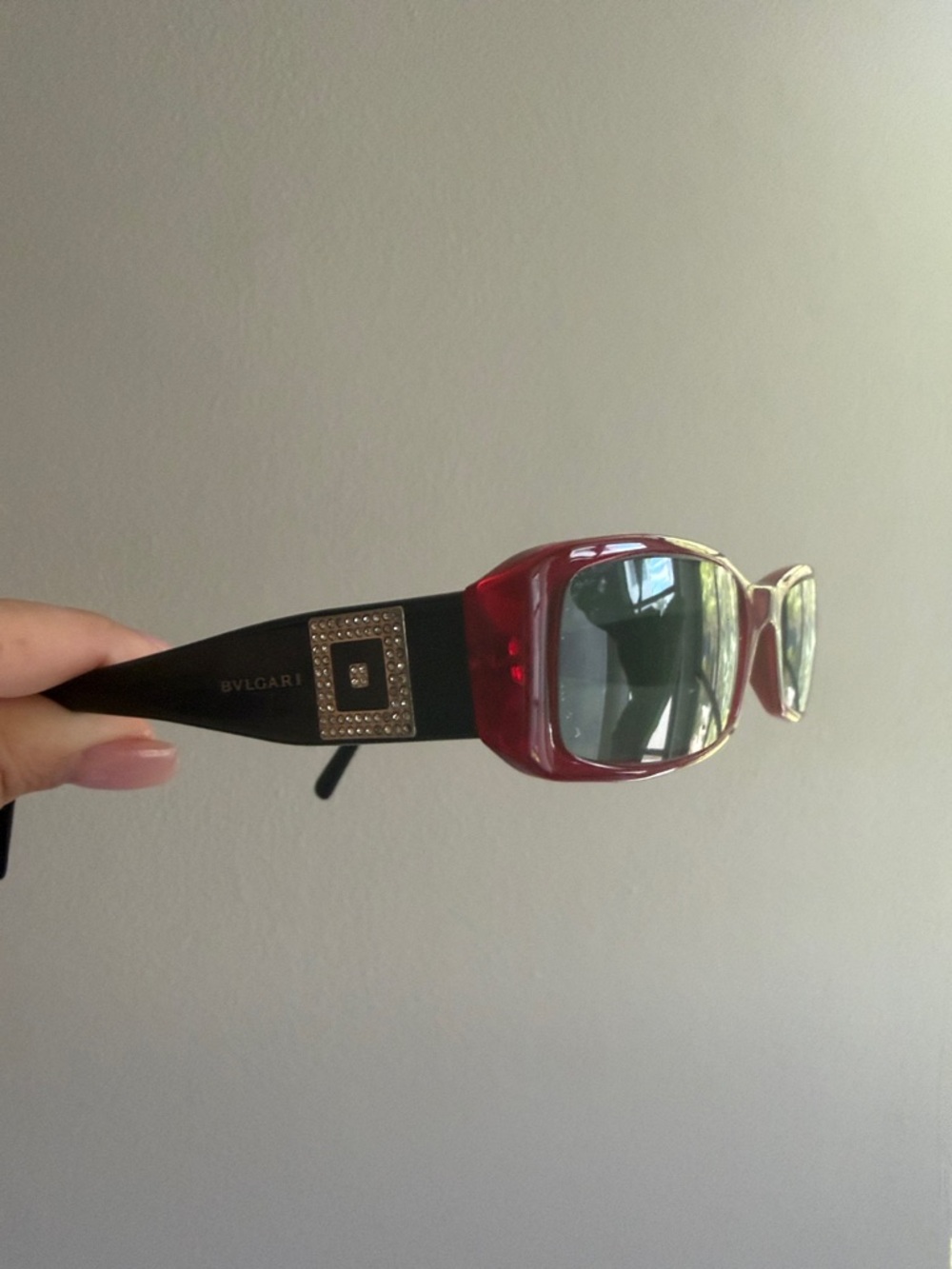 Bulgari Rectangular Red Frame Sunglasses with Black Temples